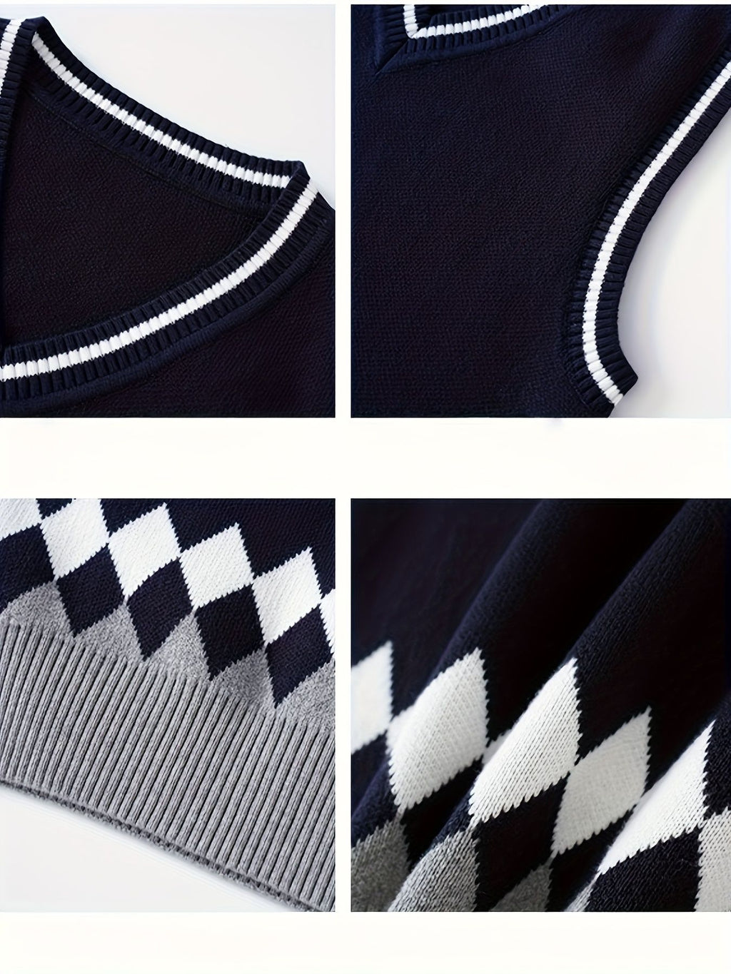 BX0012-NAVY 100% Cotton Kids V-Neck Argyle Sweater Vest, Boys and Girls Knitwear, Navy Blue, Size 130