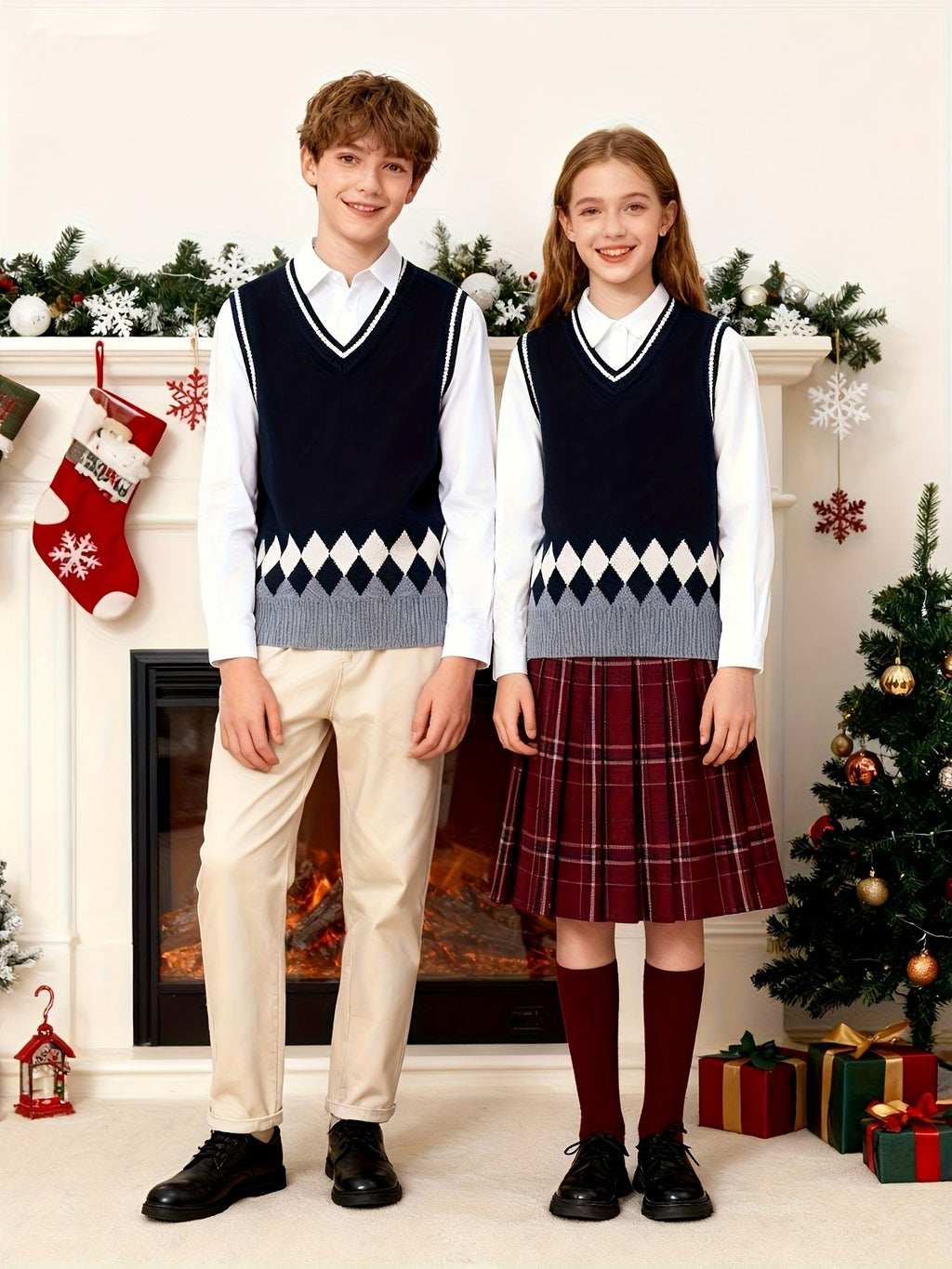 BX0012-NAVY 100% Cotton Kids V-Neck Argyle Sweater Vest, Boys and Girls Knitwear, Navy Blue, Size 150