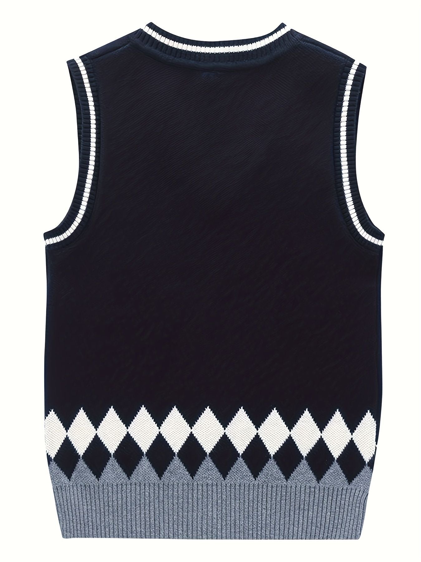 BX0012-NAVY 100% Cotton Kids V-Neck Argyle Sweater Vest, Boys and Girls Knitwear, Navy Blue, Size 150