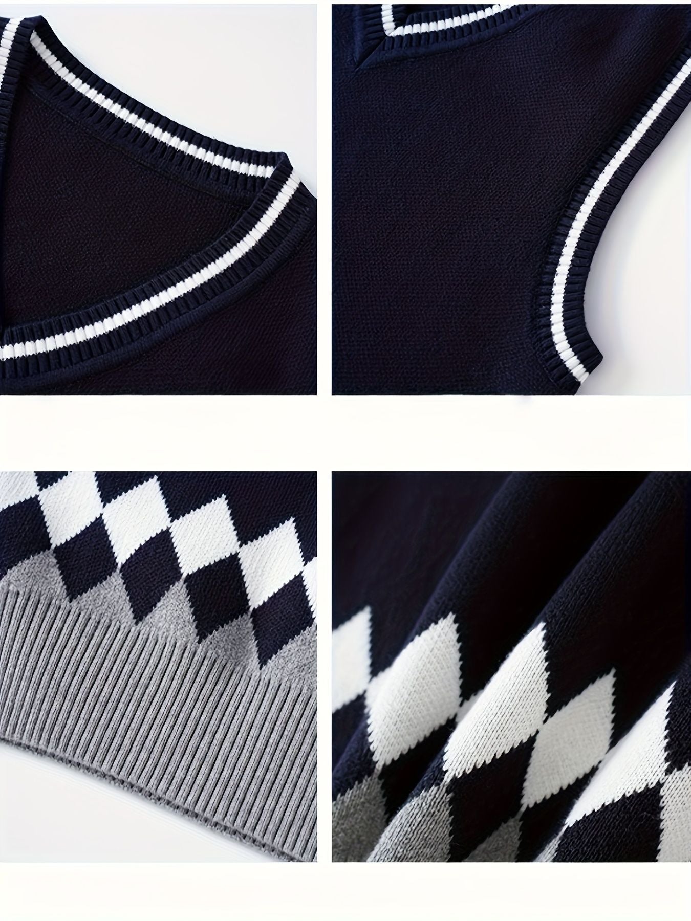 BX0012-NAVY 100% Cotton Kids V-Neck Argyle Sweater Vest, Boys and Girls Knitwear, Navy Blue, Size 160