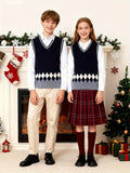 BX0012-NAVY 100% Cotton Kids V-Neck Argyle Sweater Vest, Boys and Girls Knitwear, Navy Blue, Size 170