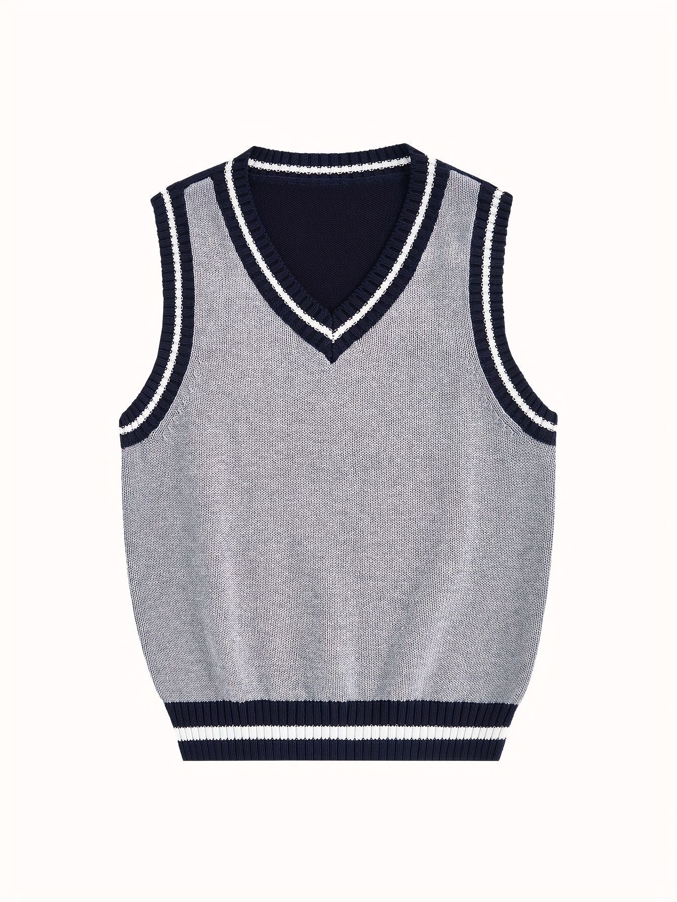 BX0013-LIGHT 100% Cotton Kids V-Neck Striped Sweater Vest, Boys and Girls Knitwear, Light Grey, Size 140
