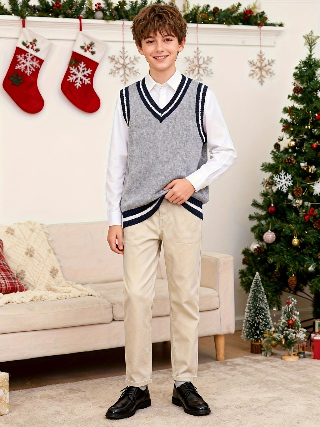 BX0013-LIGHT 100% Cotton Kids V-Neck Striped Sweater Vest, Boys and Girls Knitwear, Light Grey, Size 140