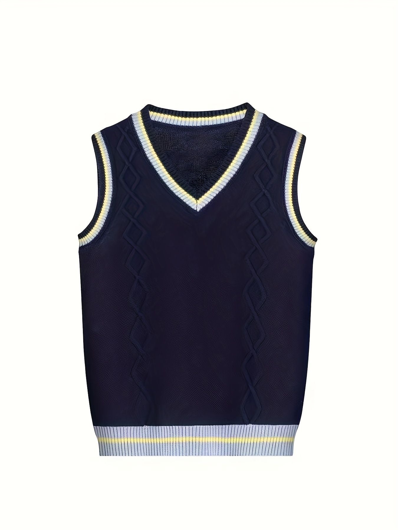 BX0026-NAVY 100% Cotton Kids V-Neck Striped Sweater Vest, Boys and Girls Knitwear, Navy Blue, Size 110