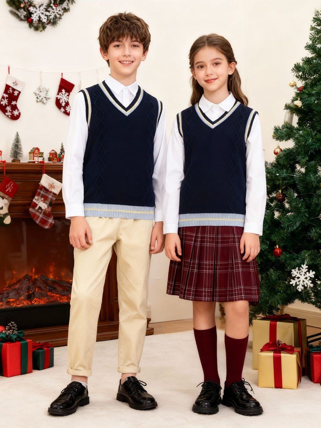 BX0026-NAVY 100% Cotton Kids V-Neck Striped Sweater Vest, Boys and Girls Knitwear, Navy Blue, Size 130