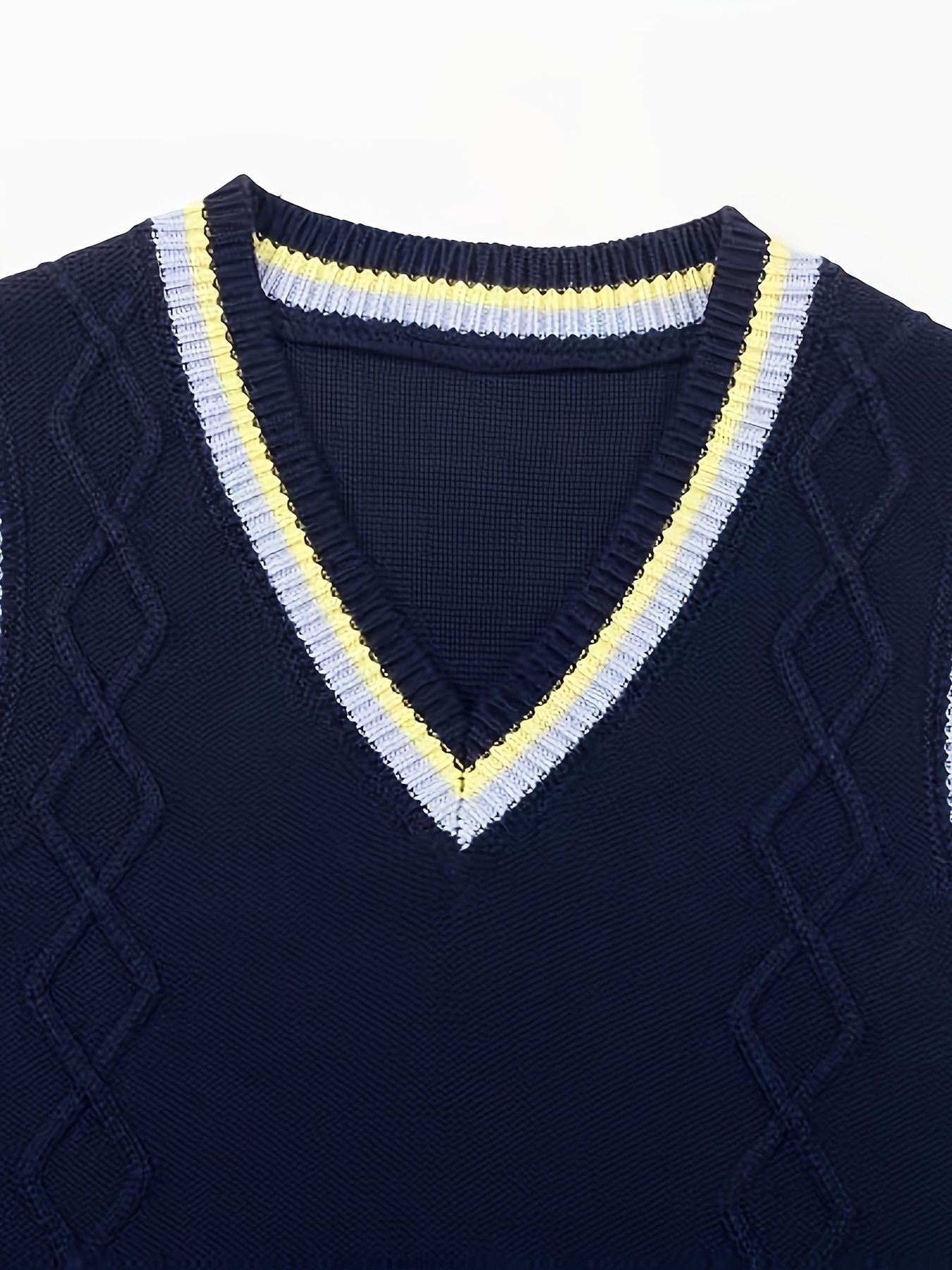 BX0026-NAVY 100% Cotton Kids V-Neck Striped Sweater Vest, Boys and Girls Knitwear, Navy Blue, Size 140