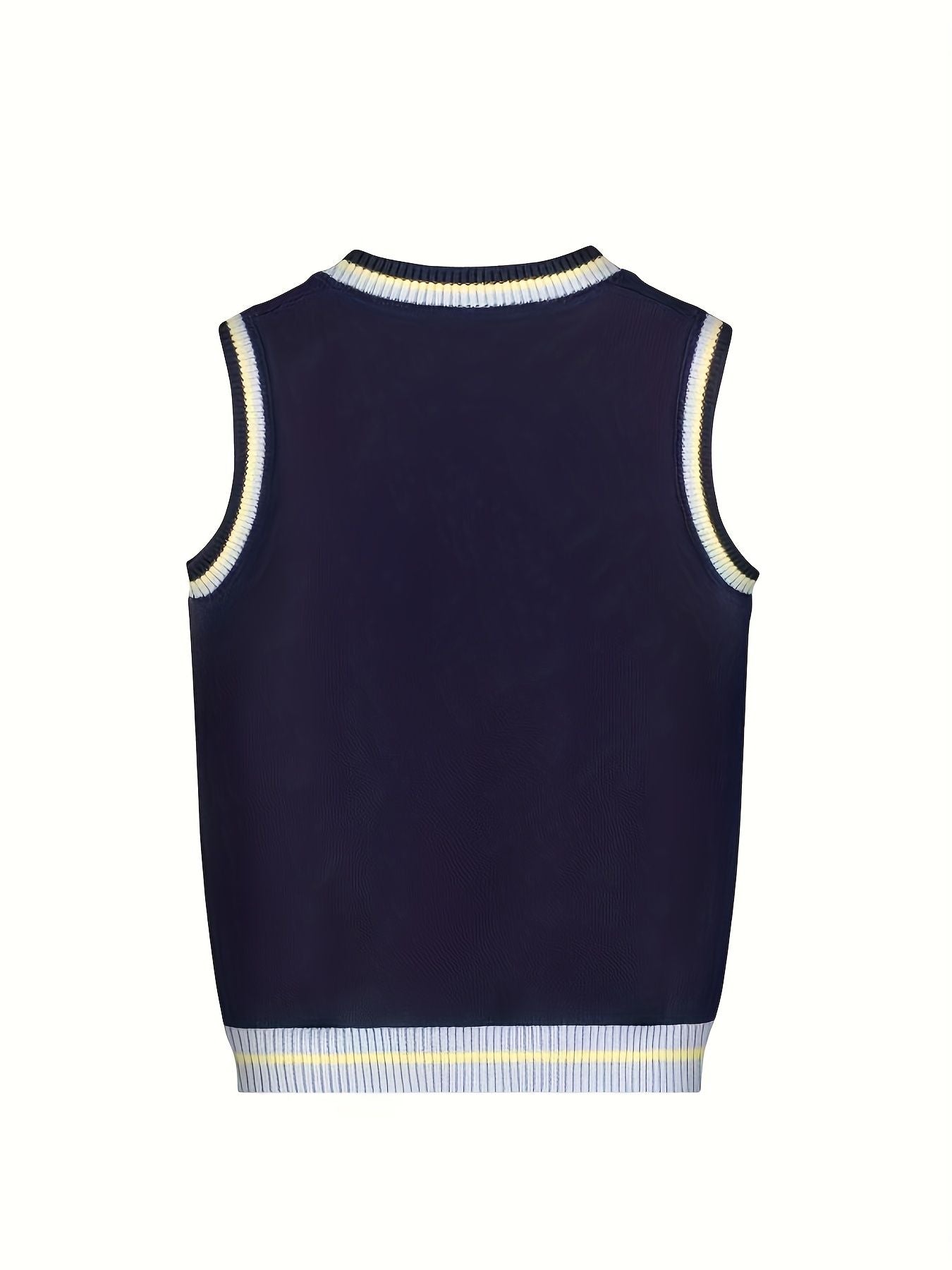 BX0026-NAVY 100% Cotton Kids V-Neck Striped Sweater Vest, Boys and Girls Knitwear, Navy Blue, Size 150