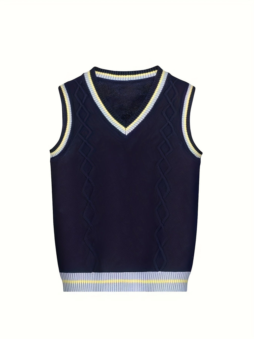 BX0026-NAVY 100% Cotton Kids V-Neck Striped Sweater Vest, Boys and Girls Knitwear, Navy Blue, Size 150
