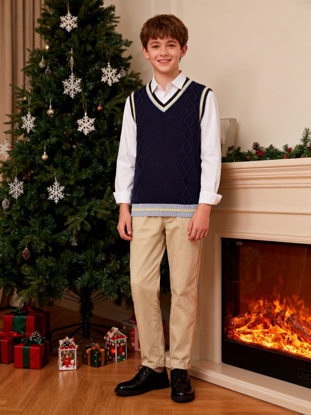BX0026-NAVY 100% Cotton Kids V-Neck Striped Sweater Vest, Boys and Girls Knitwear, Navy Blue, Size 170