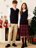BX0037-NAVY 100% Cotton Kids V-Neck Striped Sweater Vest, Boys and Girls Knitwear, Navy Blue, Size 110
