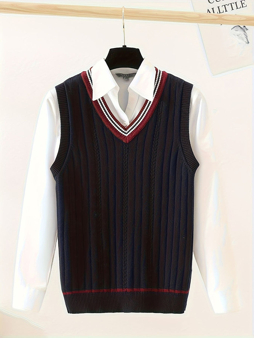 BX0037-NAVY 100% Cotton Kids V-Neck Striped Sweater Vest, Boys and Girls Knitwear, Navy Blue, Size 110