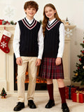 BX0038-NAVY 100% Cotton Kids V-Neck Striped Sweater Vest, Boys and Girls Knitwear, Navy Blue, Size 110