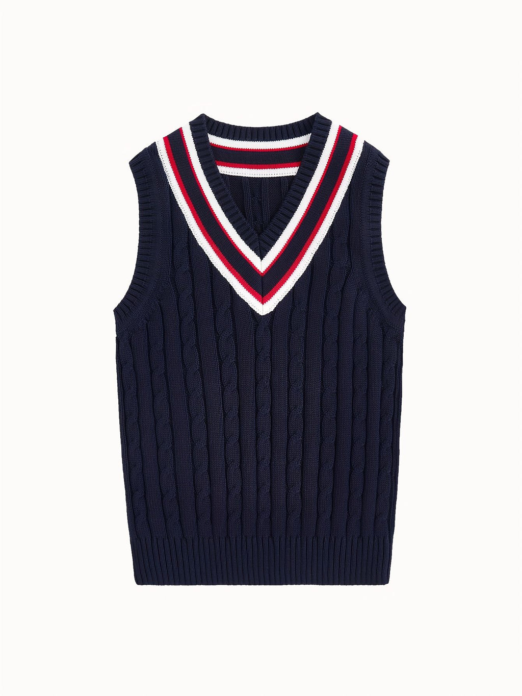 BX0038-NAVY 100% Cotton Kids V-Neck Striped Sweater Vest, Boys and Girls Knitwear, Navy Blue, Size 110