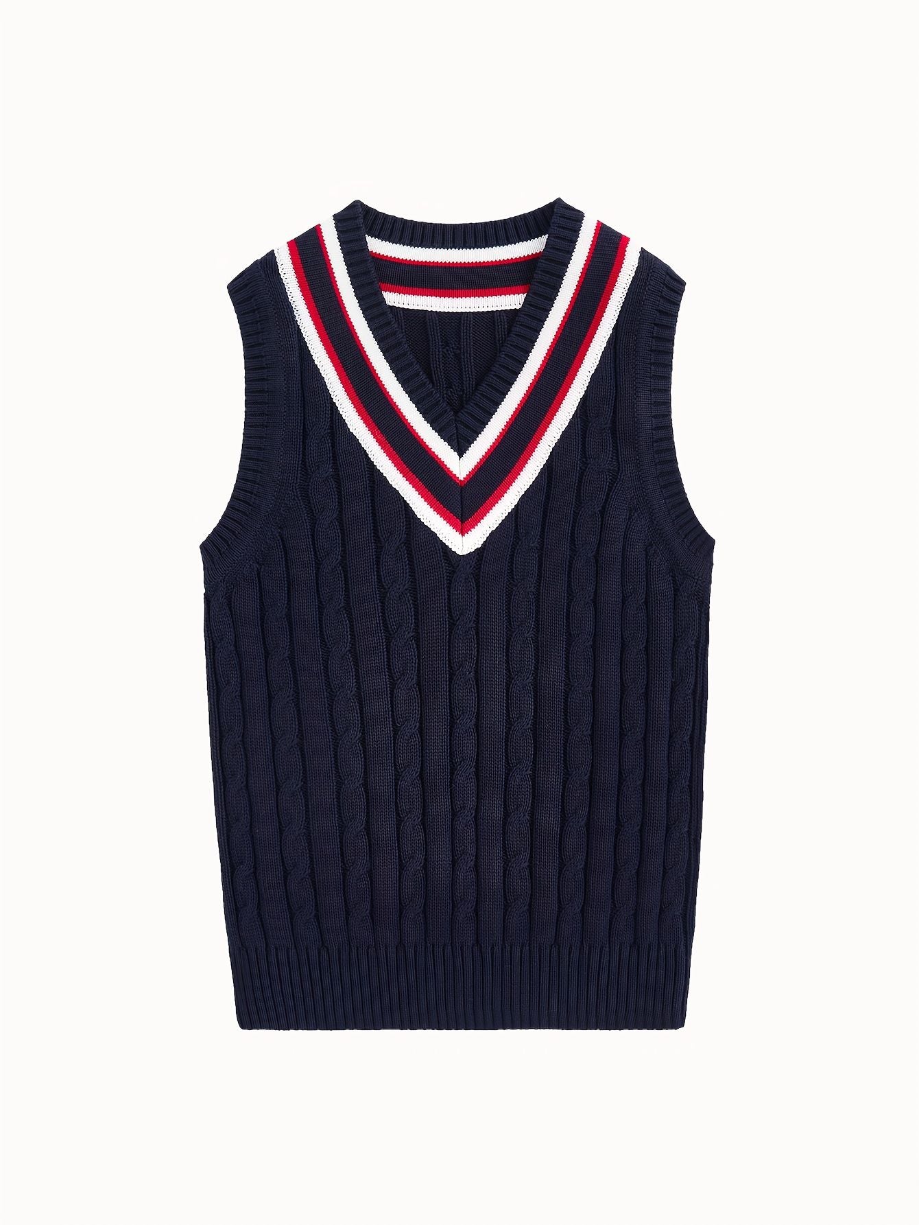 BX0038-NAVY 100% Cotton Kids V-Neck Striped Sweater Vest, Boys and Girls Knitwear, Navy Blue, Size 110