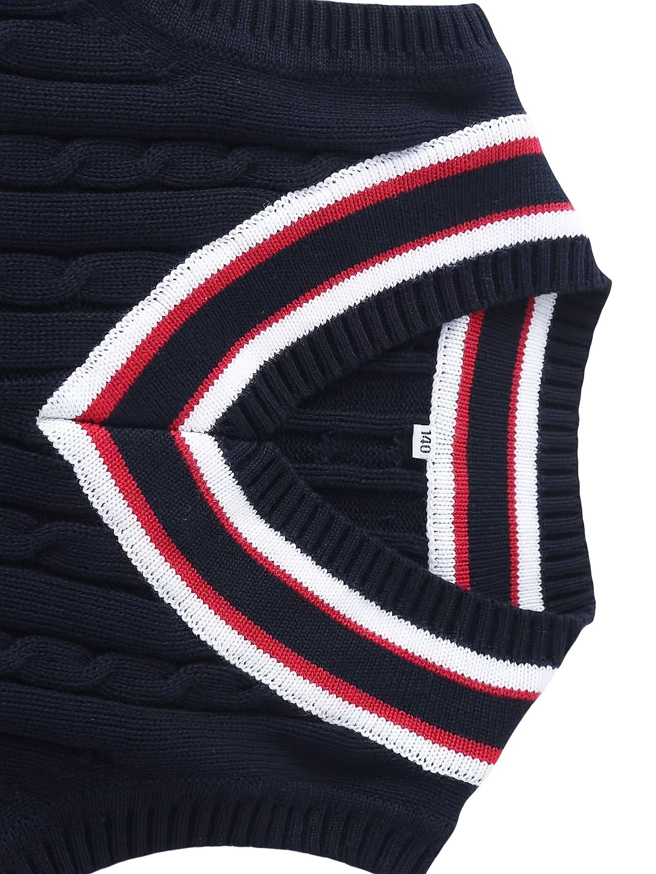 BX0038-NAVY 100% Cotton Kids V-Neck Striped Sweater Vest, Boys and Girls Knitwear, Navy Blue, Size 110