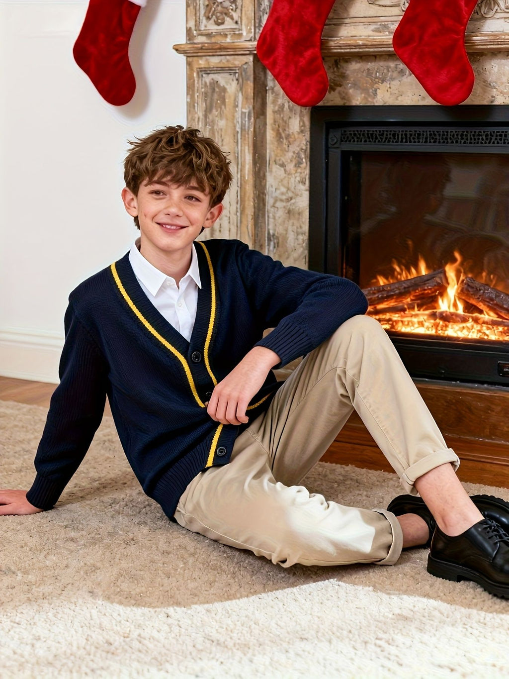 KS0007-NAVY 100% Cotton Kids V-Neck Long sleeve Button Cardigan, Boys and Girls School Uniform Knitwear, Navy Blue, Size 120
