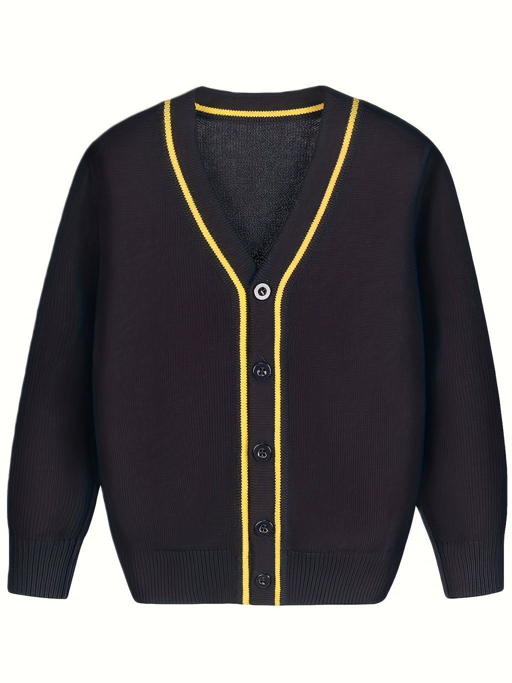 KS0007-NAVY 100% Cotton Kids V-Neck Long sleeve Button Cardigan, Boys and Girls School Uniform Knitwear, Navy Blue, Size 130