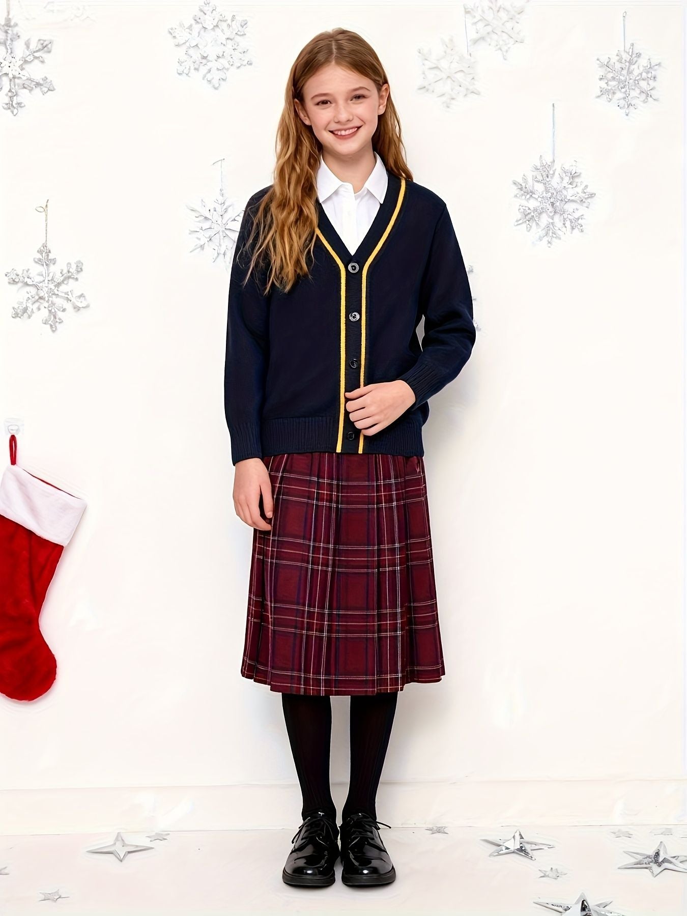 KS0007-NAVY 100% Cotton Kids V-Neck Long sleeve Button Cardigan, Boys and Girls School Uniform Knitwear, Navy Blue, Size 140