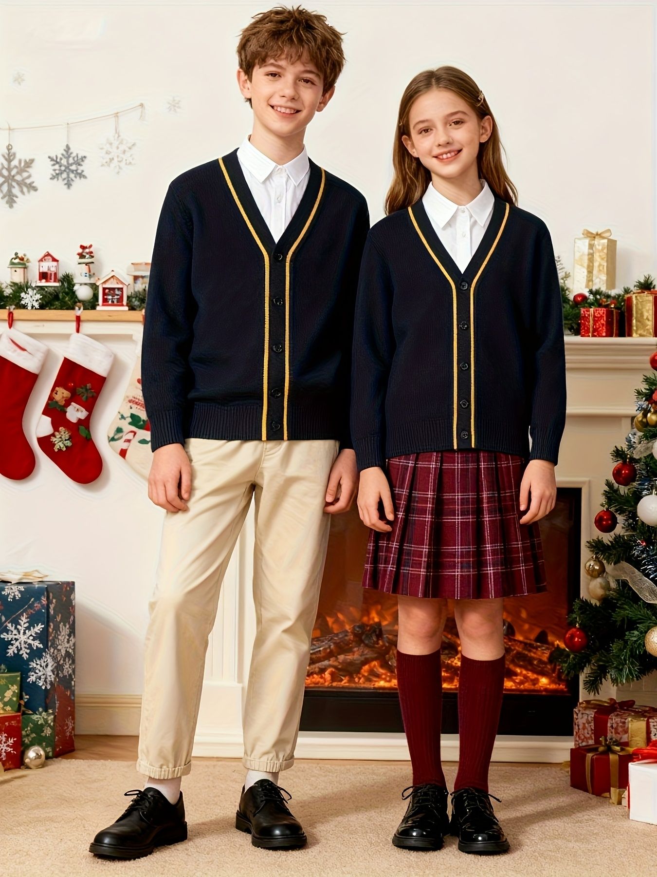 KS0007-NAVY 100% Cotton Kids V-Neck Long sleeve Button Cardigan, Boys and Girls School Uniform Knitwear, Navy Blue, Size 160