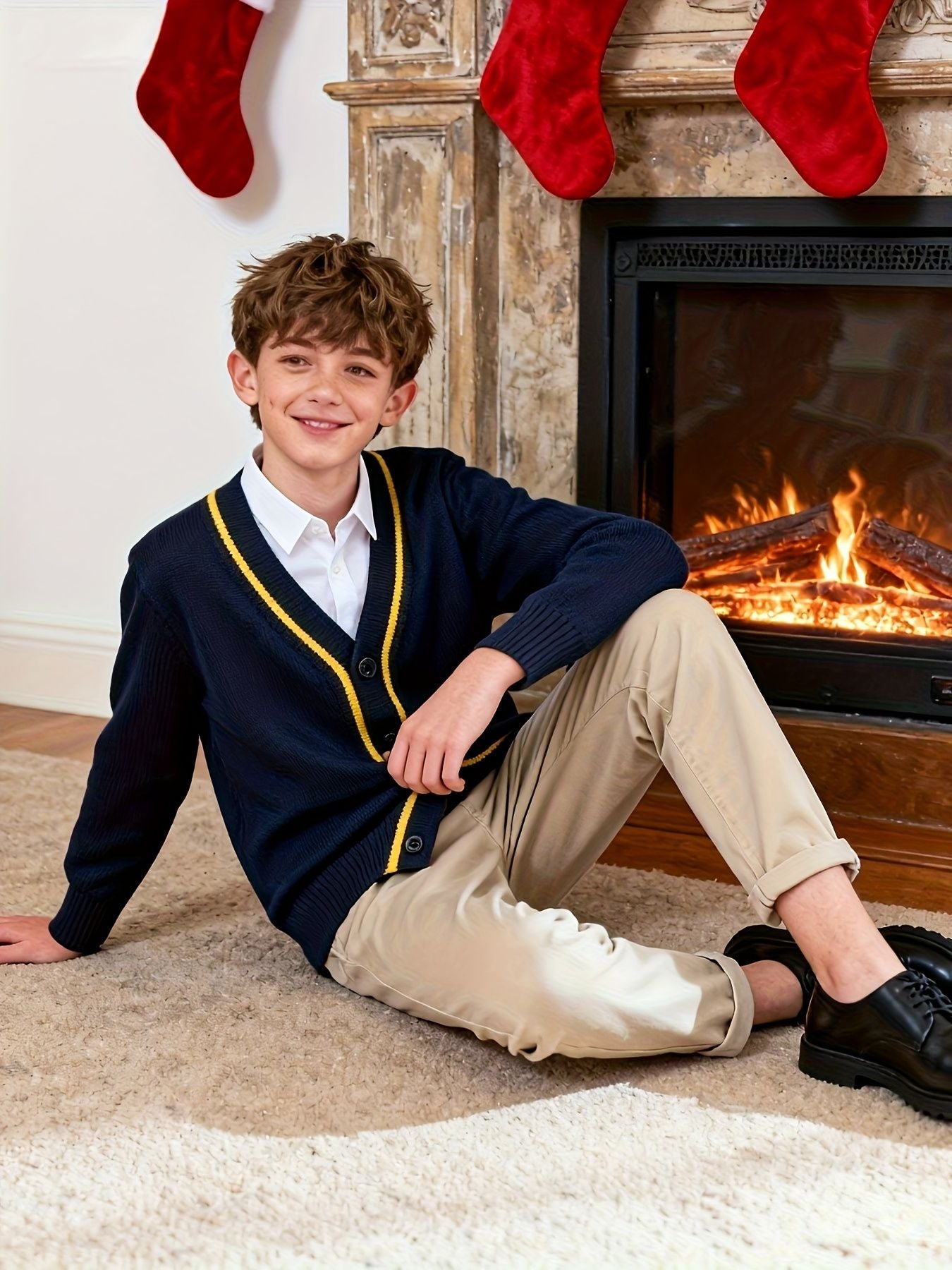 KS0007-NAVY 100% Cotton Kids V-Neck Long sleeve Button Cardigan, Boys and Girls School Uniform Knitwear, Navy Blue, Size 160