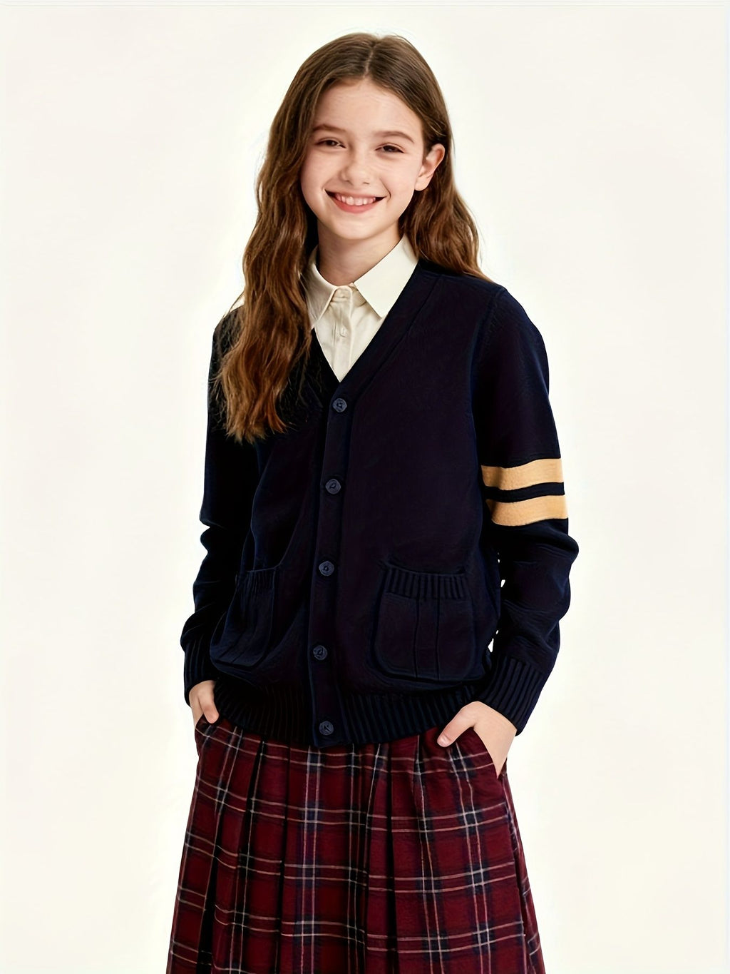KS0015-NAVY 100% Cotton Kids V-Neck Long sleeve Button Cardigan, Boys and Girls School Uniform Knitwear, Navy Blue, Size 165