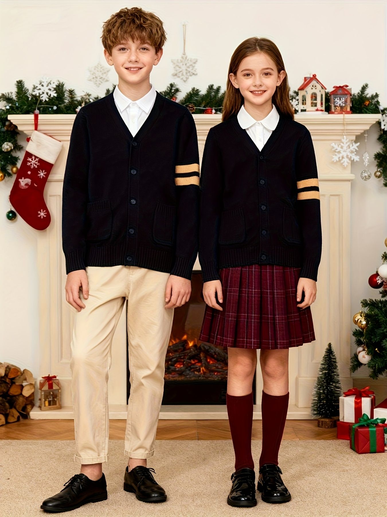KS0015-NAVY 100% Cotton Kids V-Neck Long sleeve Button Cardigan, Boys and Girls School Uniform Knitwear, Navy Blue, Size 170