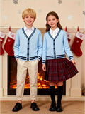 KS0017-LIGHT 100% Cotton Kids V-Neck Long sleeve Button Cardigan, Boys and Girls Knitwear, Light Blue, Size 140