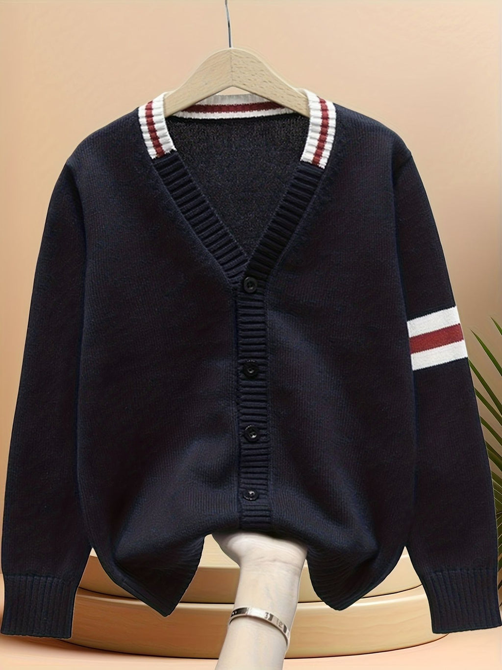KS0019-NAVY 100% Cotton Kids V-Neck Long sleeve Button Cardigan, Boys and Girls Knitwear, Navy Blue, Size 130