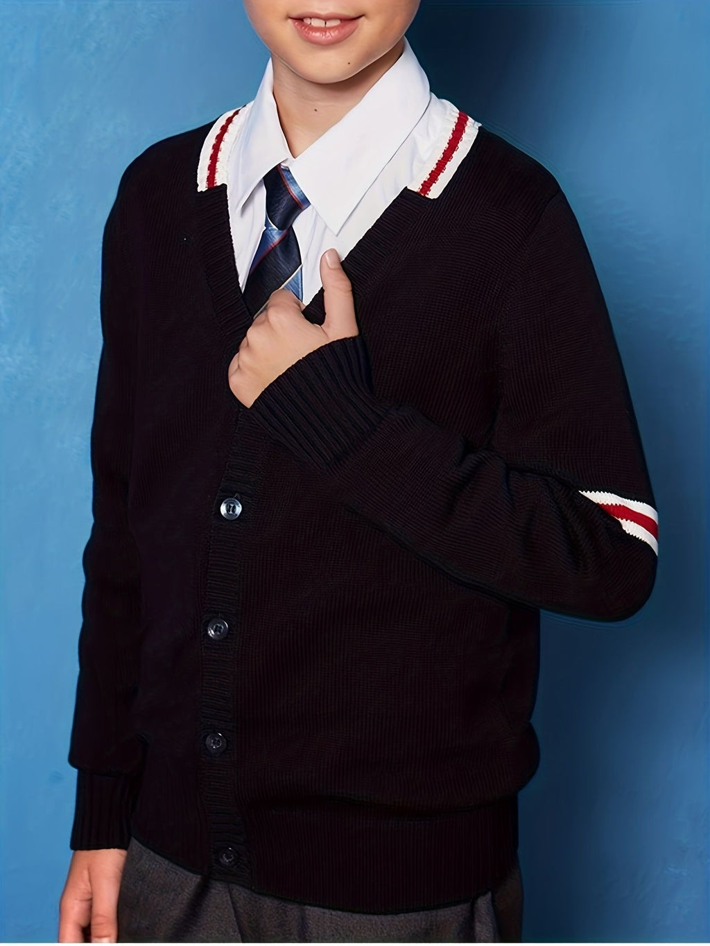 KS0019-NAVY 100% Cotton Kids V-Neck Long sleeve Button Cardigan, Boys and Girls Knitwear, Navy Blue, Size 165
