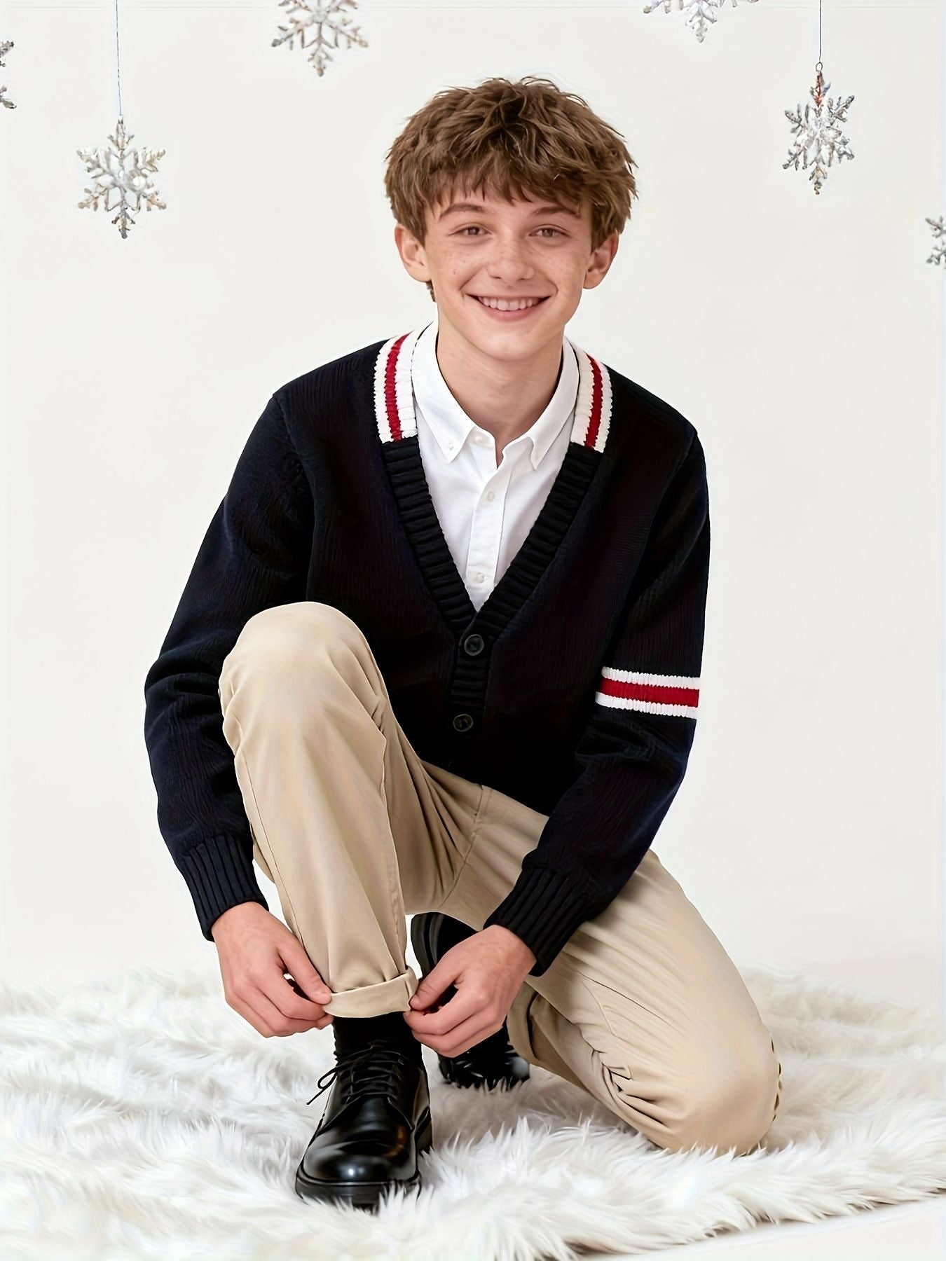 KS0019-NAVY 100% Cotton Kids V-Neck Long sleeve Button Cardigan, Boys and Girls Knitwear, Navy Blue, Size 165