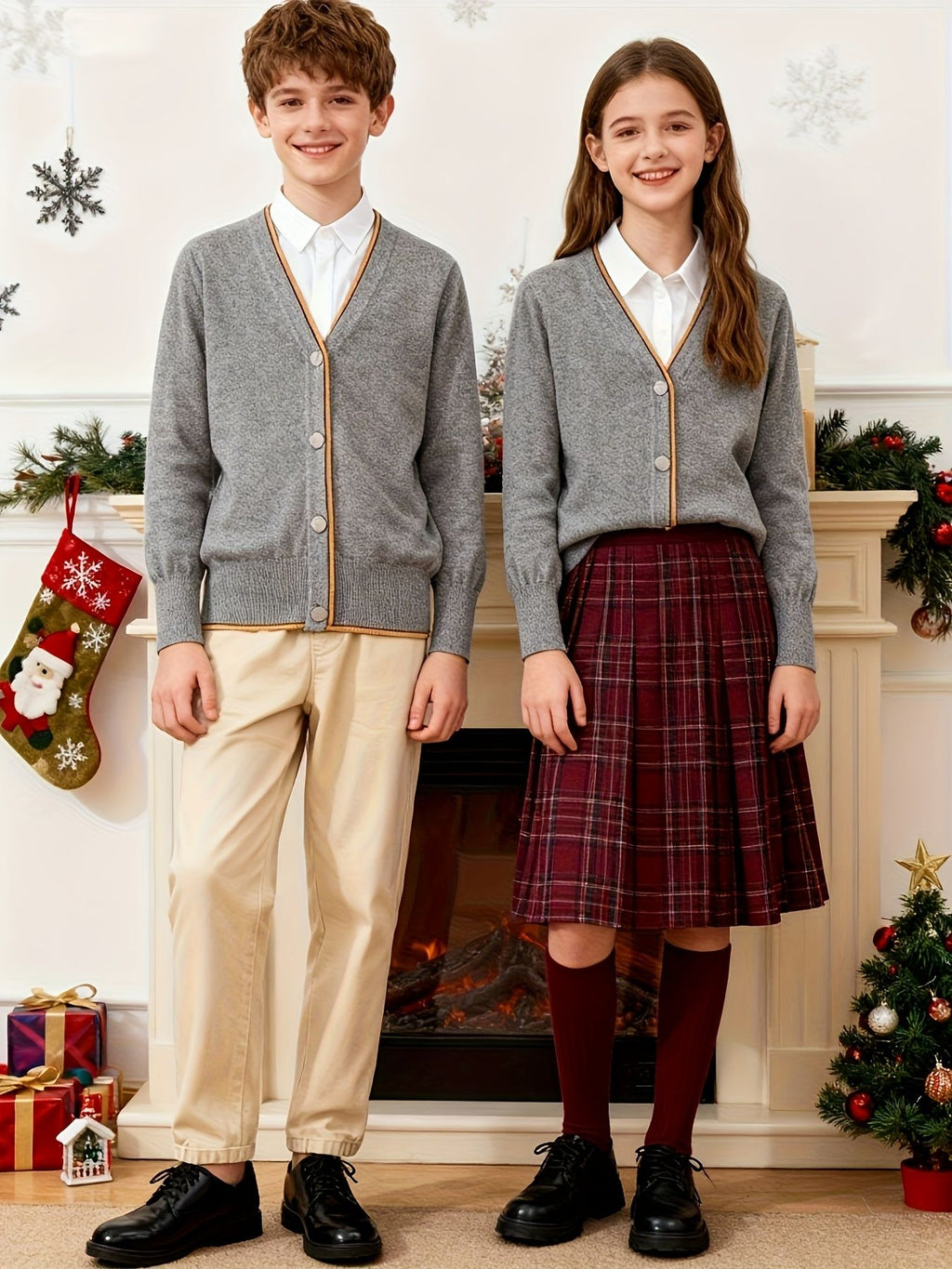 KS0022-DARK 100% Cotton Kids V-Neck Long sleeve Button Cardigan, Boys and Girls School Uniform Knitwear, Dark Grey, Size 160