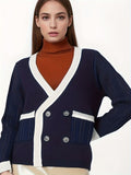 KS0025-NAVY Cotton Rich Kids V-Neck Long sleeve Button Cardigan, Boys and Girls School Uniform Knitwear, Navy Blue, Size 120