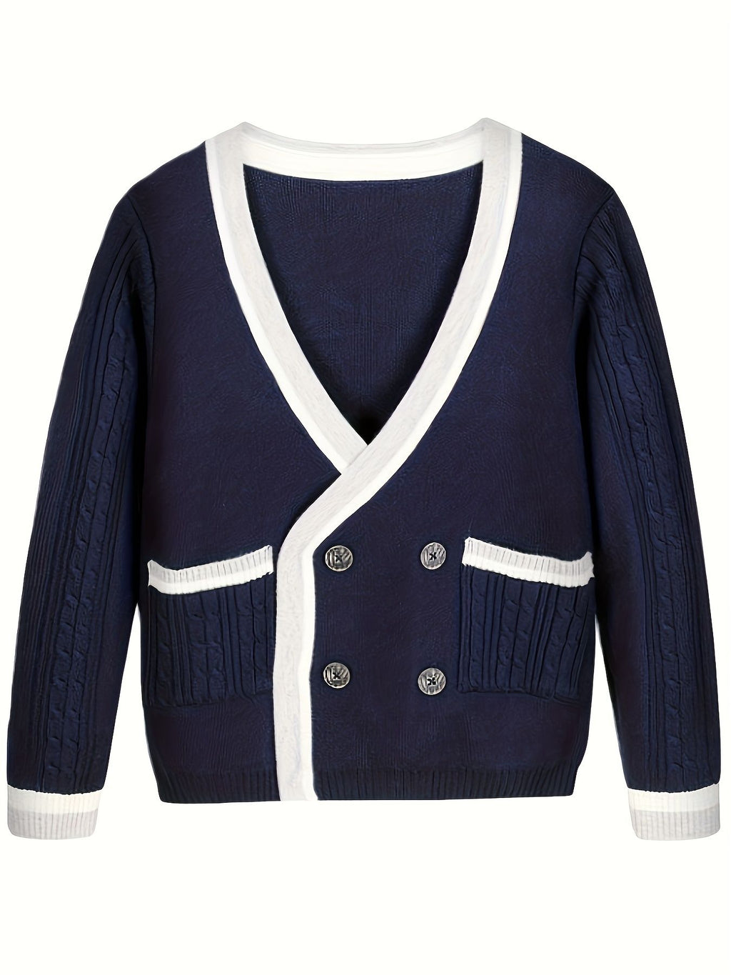 KS0025-NAVY Cotton Rich Kids V-Neck Long sleeve Button Cardigan, Boys and Girls School Uniform Knitwear, Navy Blue, Size 150