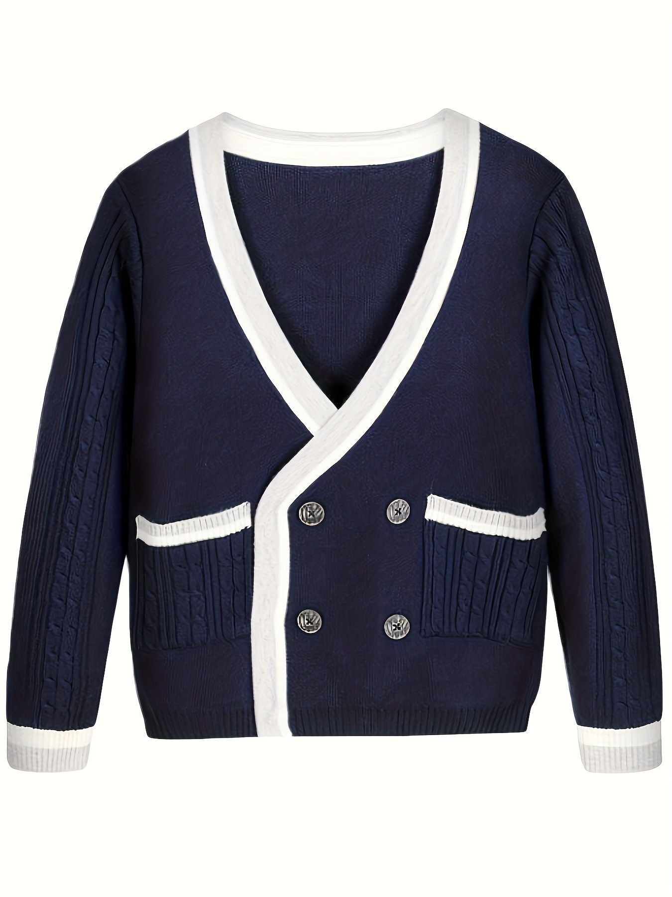 KS0025-NAVY Cotton Rich Kids V-Neck Long sleeve Button Cardigan, Boys and Girls School Uniform Knitwear, Navy Blue, Size 150