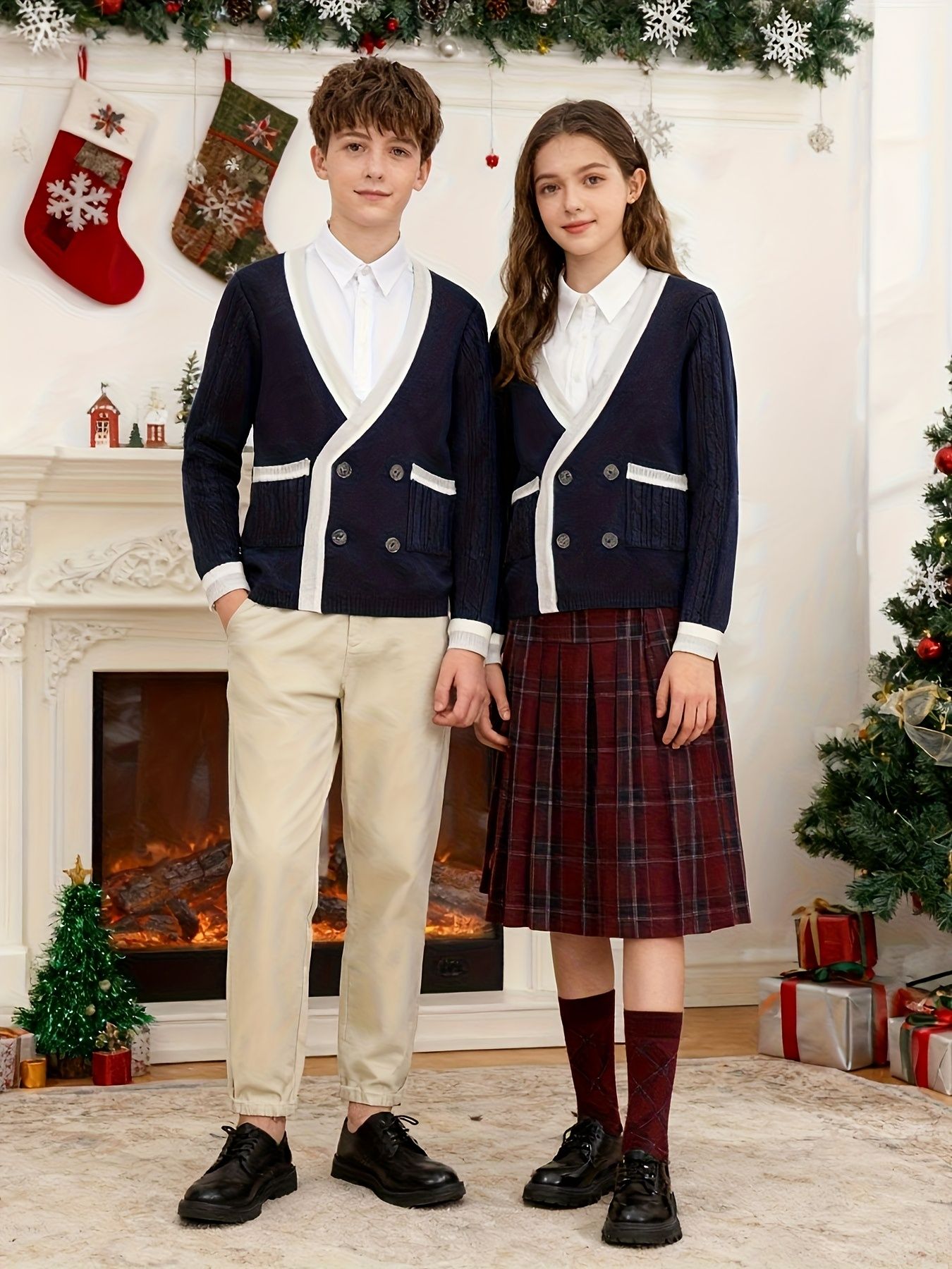 KS0025-NAVY Cotton Rich Kids V-Neck Long sleeve Button Cardigan, Boys and Girls School Uniform Knitwear, Navy Blue, Size 150