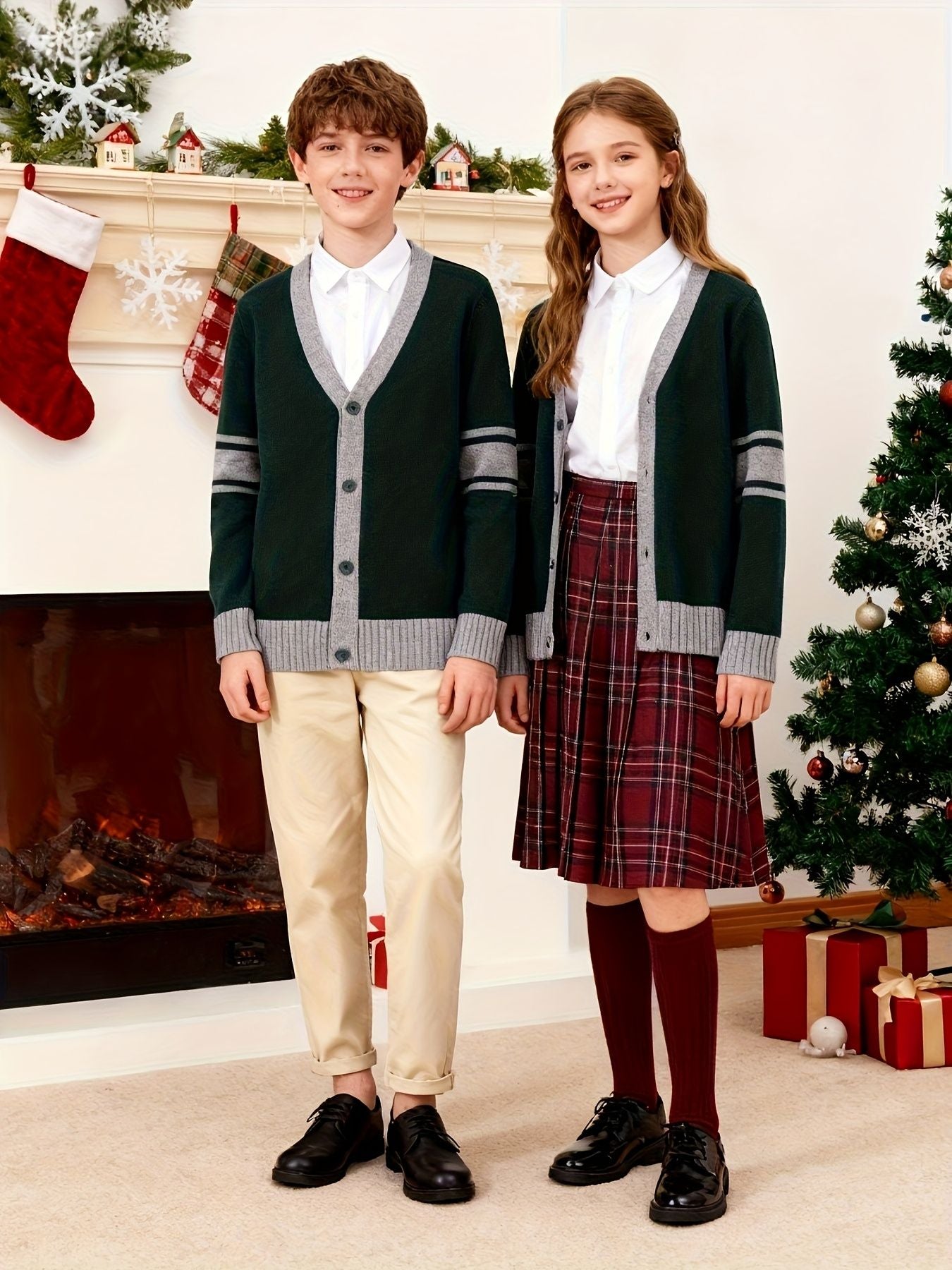 KS0034-DARK 100% Cotton Kids V-Neck Long sleeve Button Cardigan, Boys and Girls Knitwear, Dark Green, Size 130