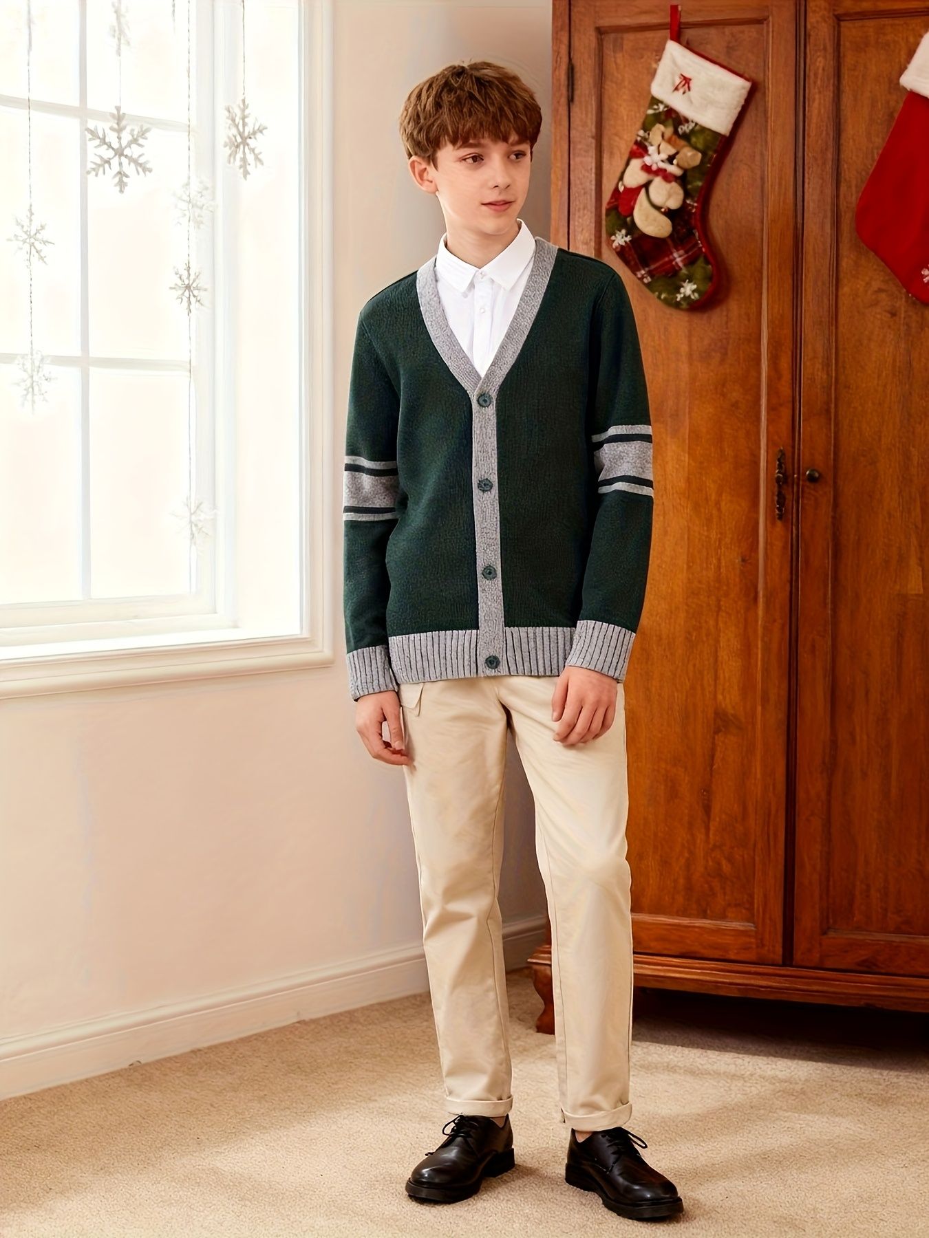 KS0034-DARK 100% Cotton Kids V-Neck Long sleeve Button Cardigan, Boys and Girls Knitwear, Dark Green, Size 170