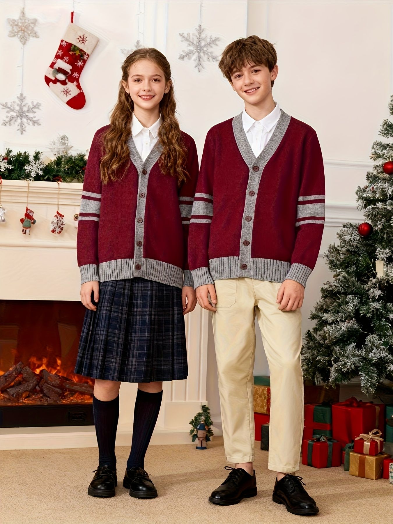 KS0034-WINE 100% Cotton Kids V-Neck Long sleeve Button Cardigan, Boys and Girls Knitwear, Wine Red, Size 130