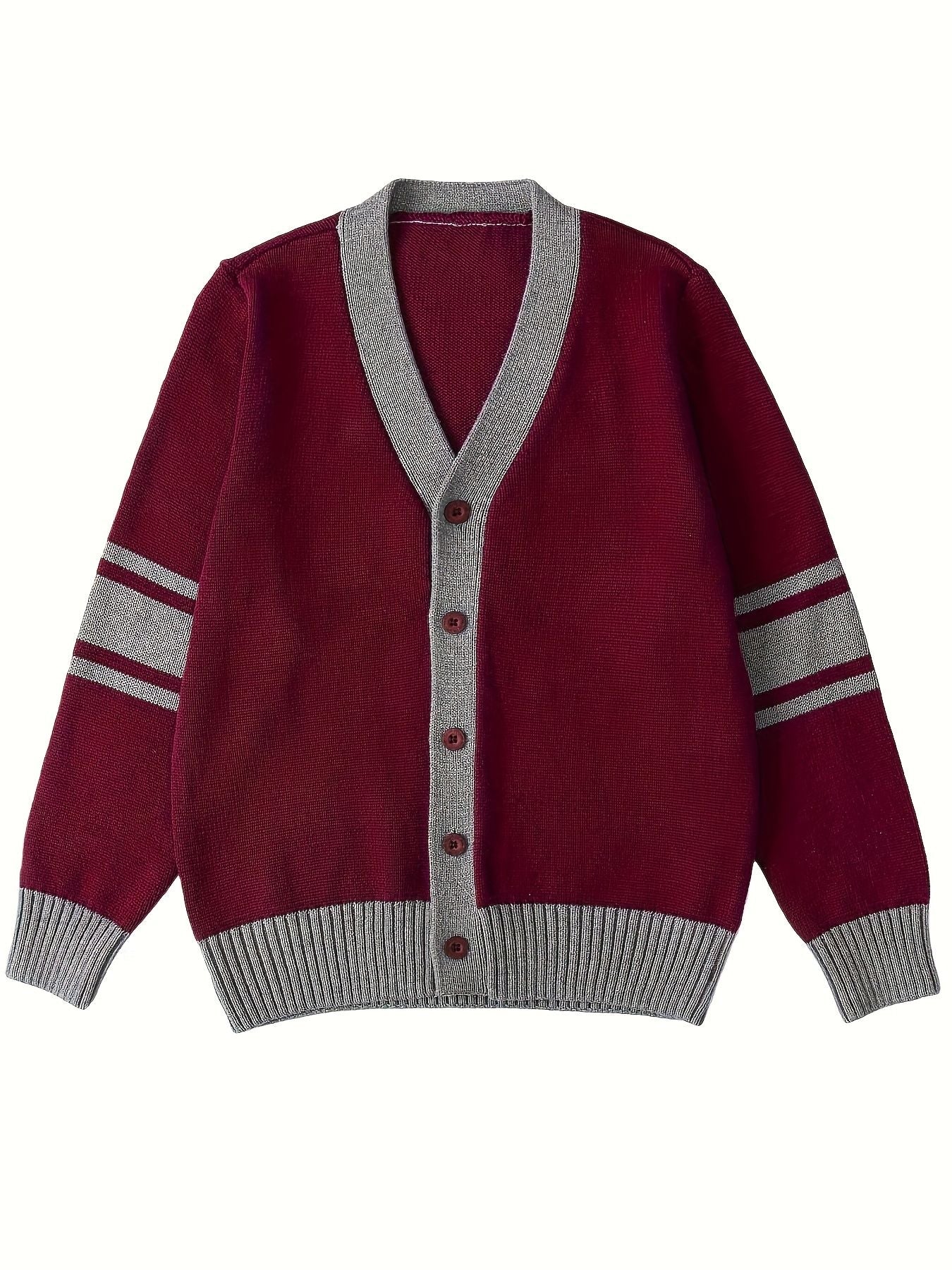 KS0034-WINE 100% Cotton Kids V-Neck Long sleeve Button Cardigan, Boys and Girls Knitwear, Wine Red, Size 130
