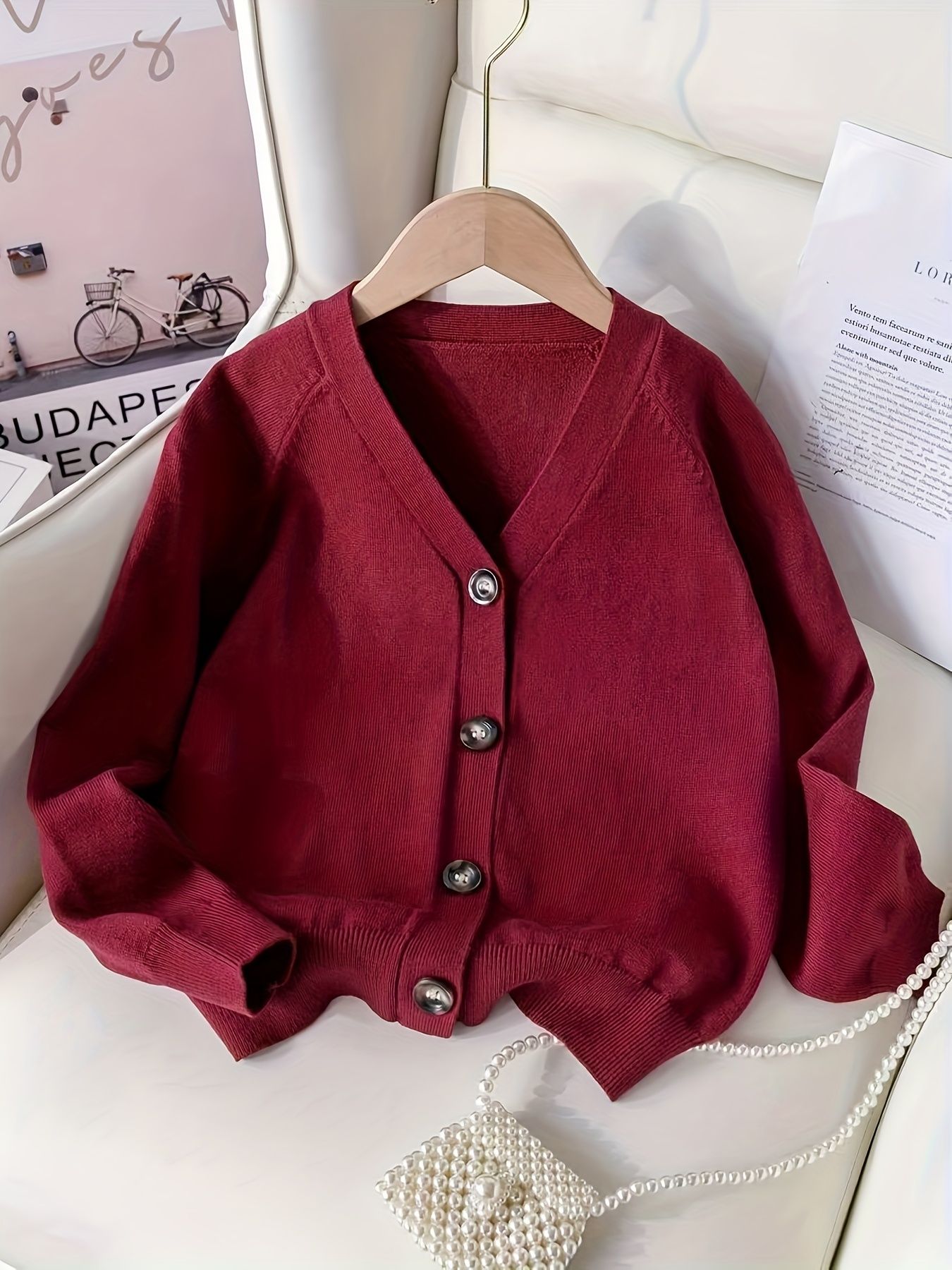 KS0036-WINE Soft Knit Blend Kids V-Neck Long sleeve Button Cardigan, Boys and Girls Knitwear, Wine Red, Size 130
