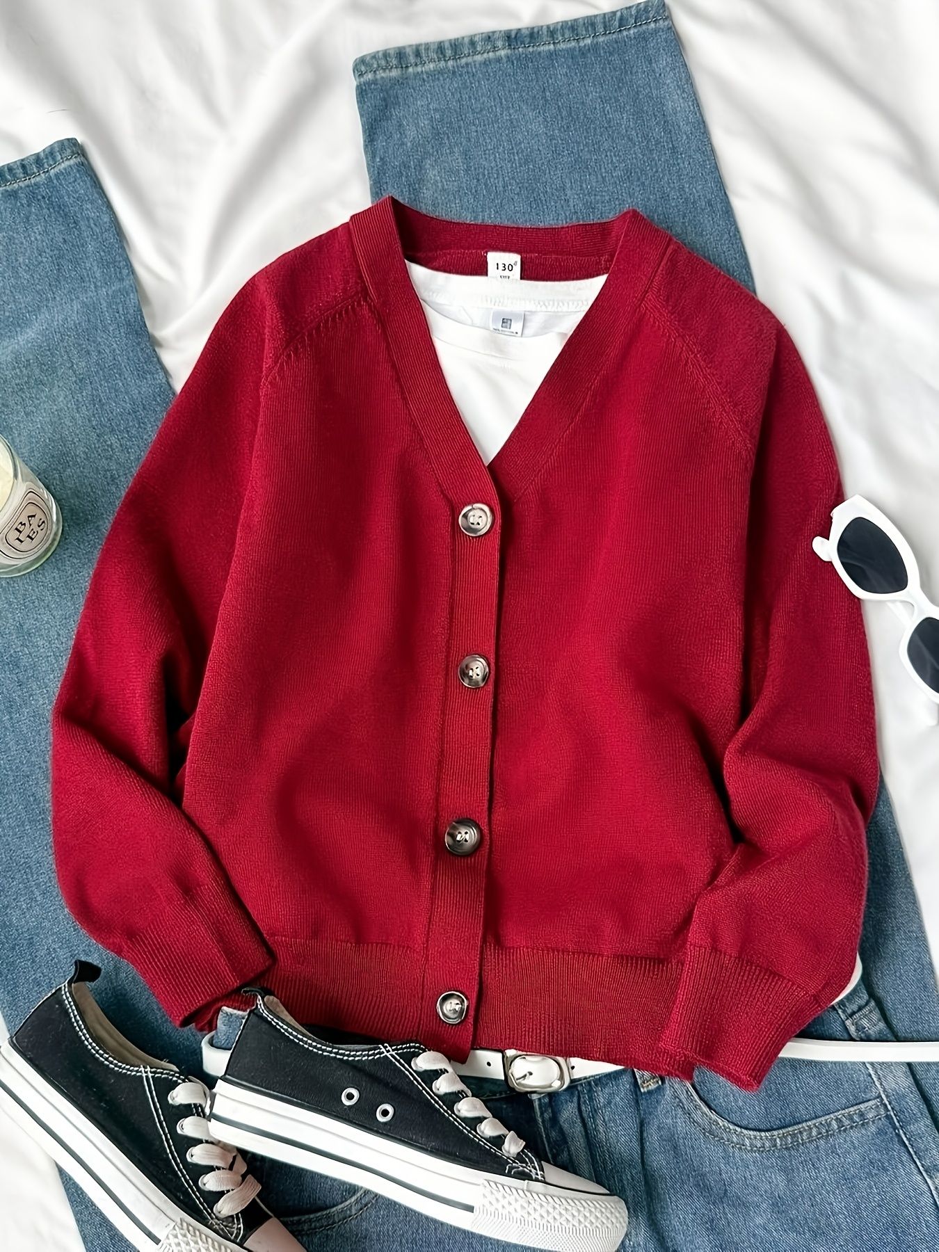 KS0036-WINE Soft Knit Blend Kids V-Neck Long sleeve Button Cardigan, Boys and Girls Knitwear, Wine Red, Size 150