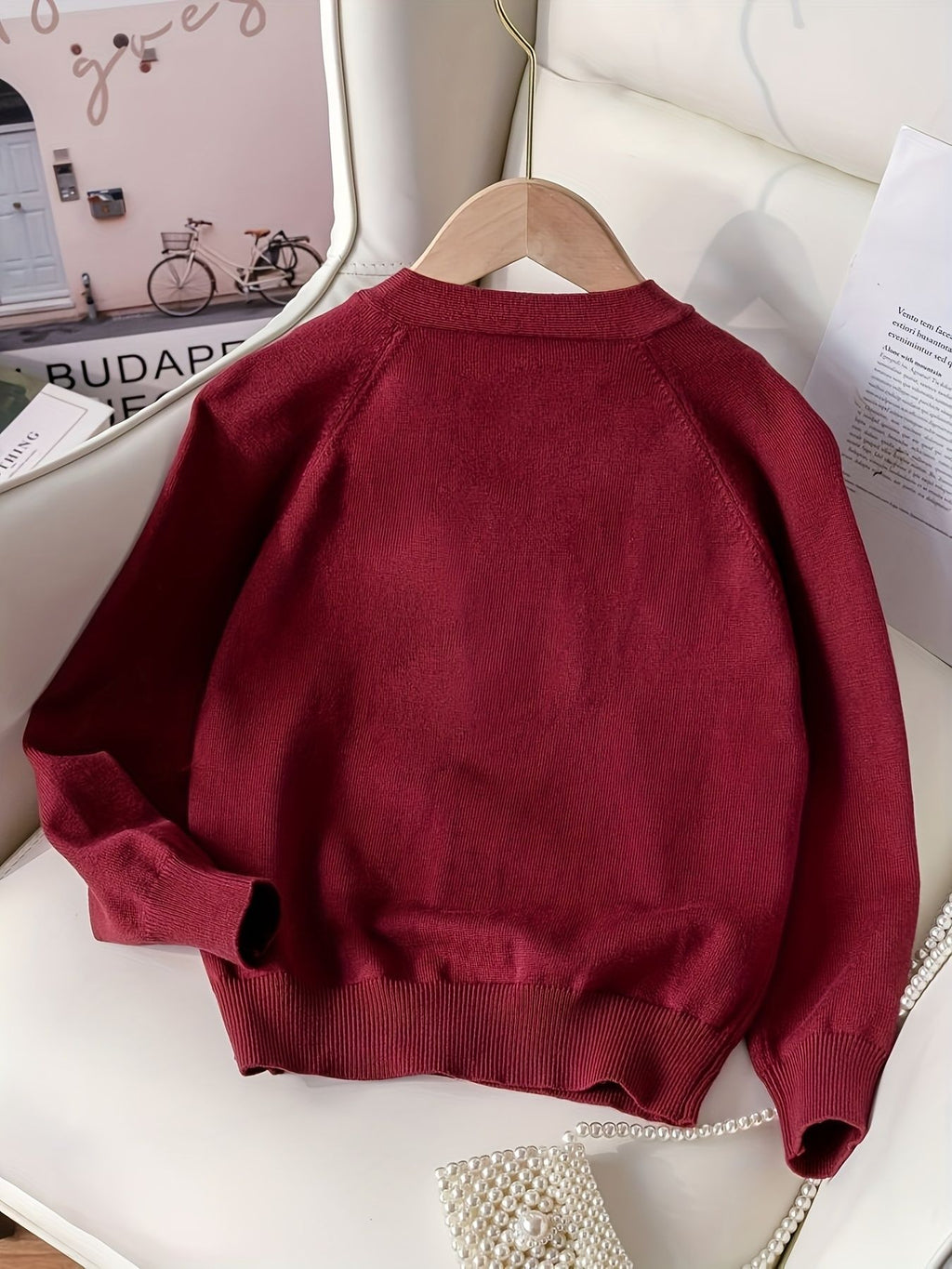 KS0036-WINE Soft Knit Blend Kids V-Neck Long sleeve Button Cardigan, Boys and Girls Knitwear, Wine Red, Size 150