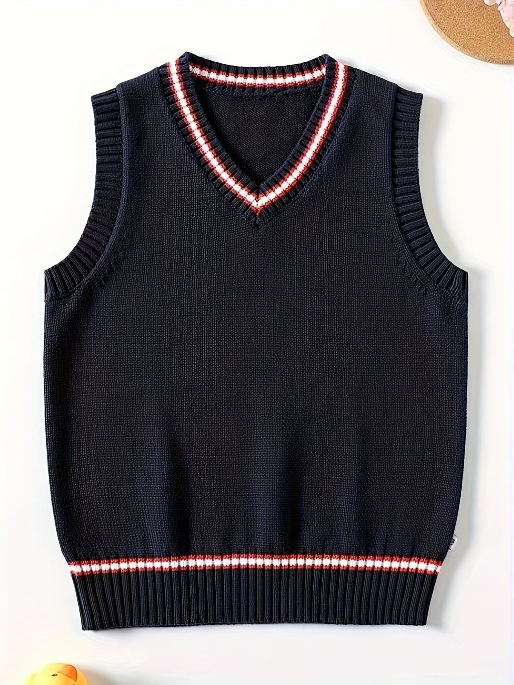 SW003-SG 100% Cotton Kids V-Neck Striped Sweater Vest, Boys and Girls School Uniform Knitwear, Sg, Size 120