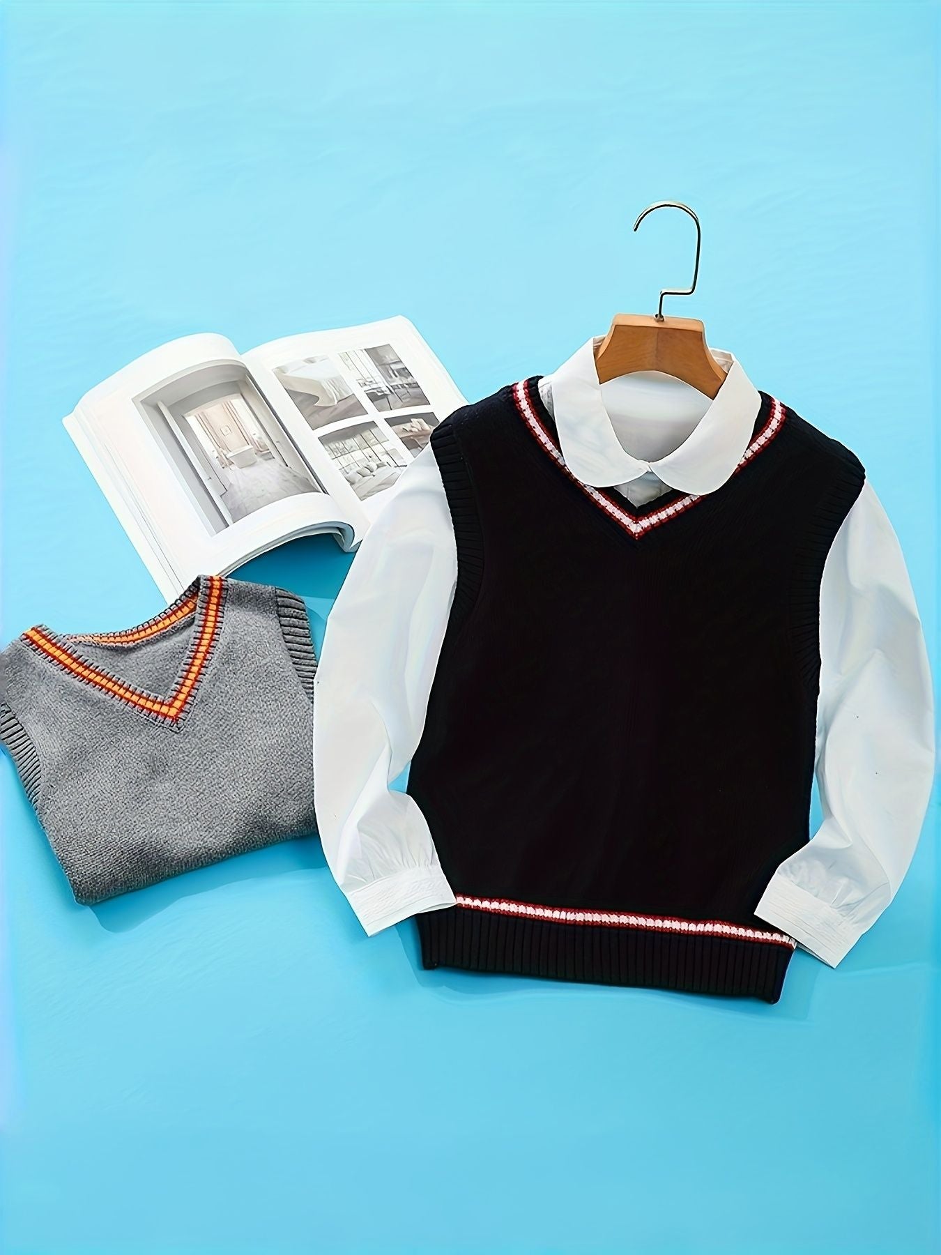 SW003-SG 100% Cotton Kids V-Neck Striped Sweater Vest, Boys and Girls School Uniform Knitwear, Sg, Size 120