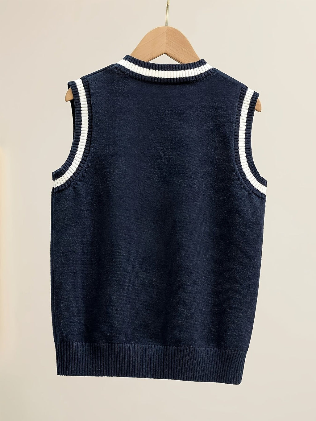 SW004 100% Cotton Kids V-Neck Striped Sweater Vest, Boys and Girls School Uniform Knitwear, Navy Blue, Size 120
