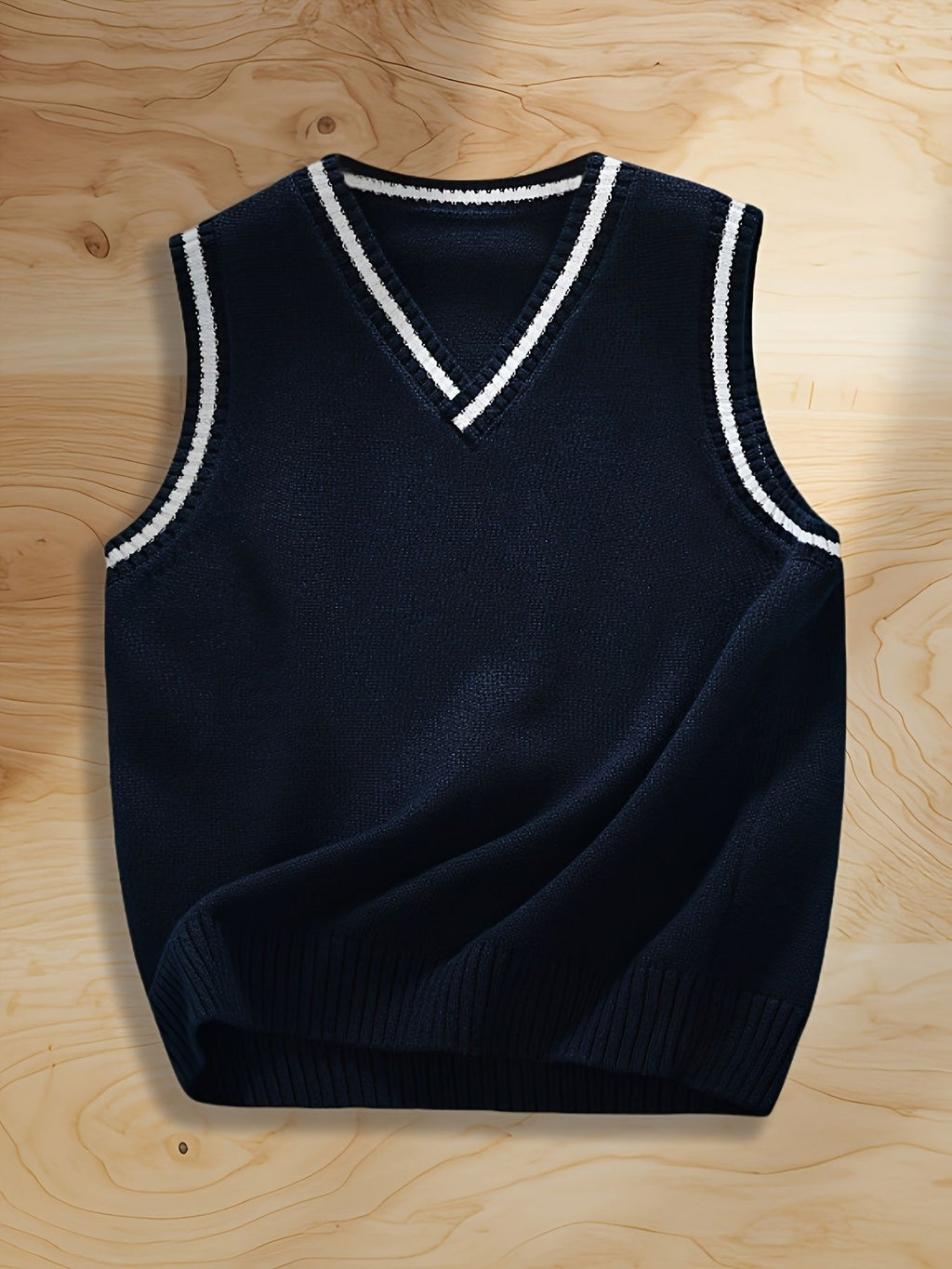SW004 100% Cotton Kids V-Neck Striped Sweater Vest, Boys and Girls School Uniform Knitwear, Navy Blue, Size 120