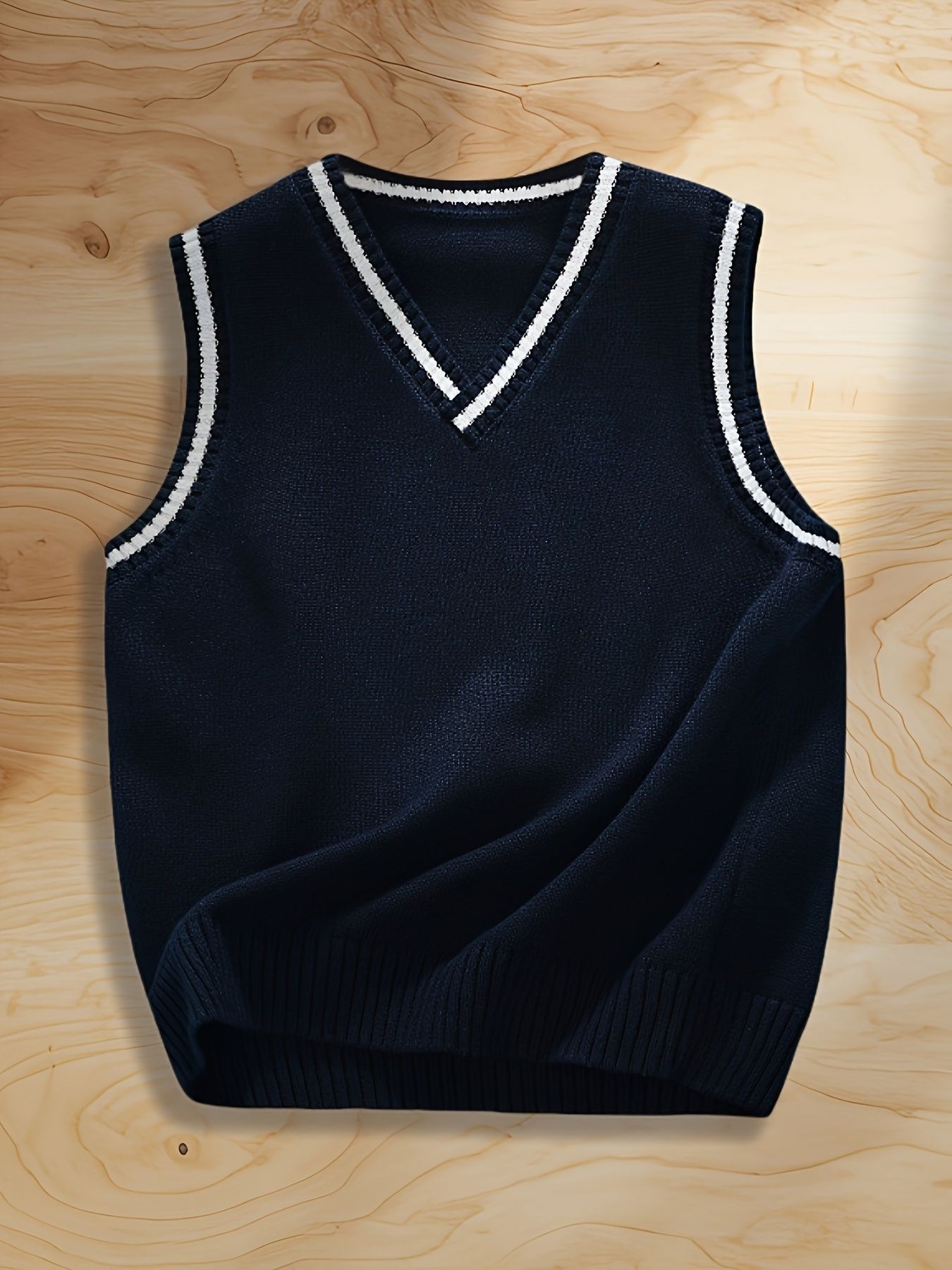SW004 100% Cotton Kids V-Neck Striped Sweater Vest, Boys and Girls School Uniform Knitwear, Navy Blue, Size 120