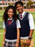 SW005 Cotton Rich Kids V-Neck Argyle Sweater Vest, Boys and Girls Knitwear, Navy Blue, Size 120