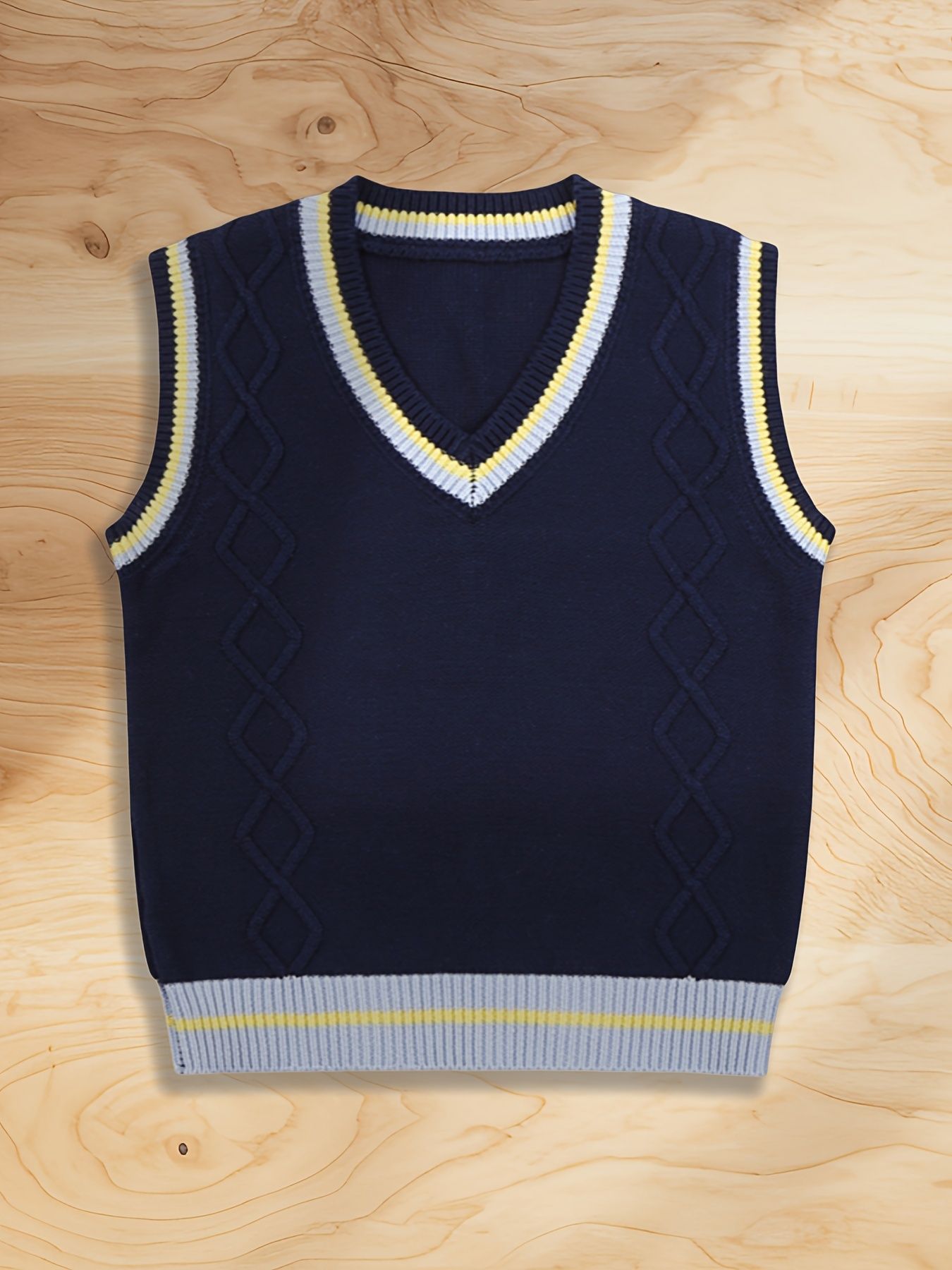 SW005 Cotton Rich Kids V-Neck Argyle Sweater Vest, Boys and Girls Knitwear, Navy Blue, Size 120