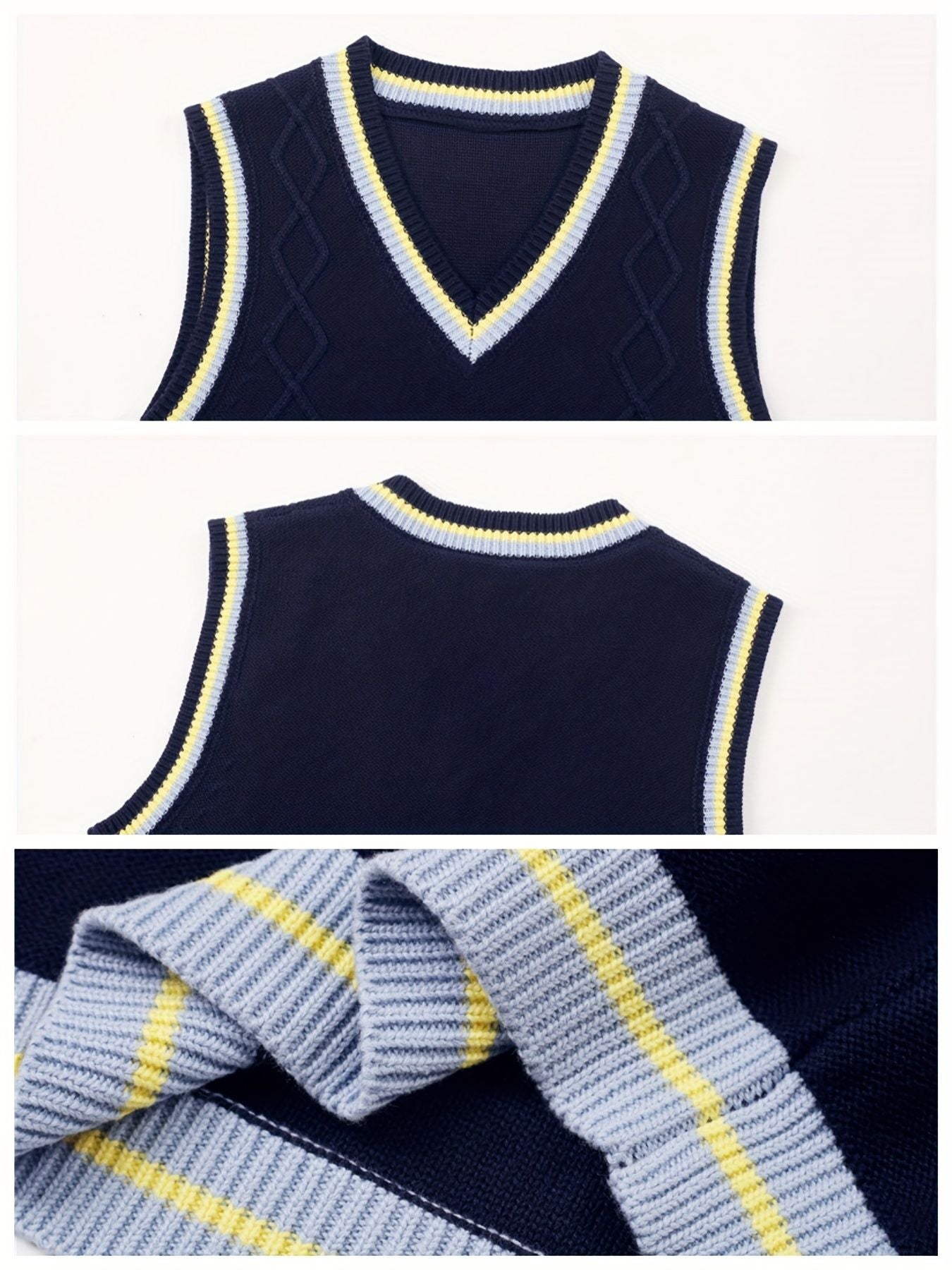 SW005 Cotton Rich Kids V-Neck Argyle Sweater Vest, Boys and Girls Knitwear, Navy Blue, Size 120